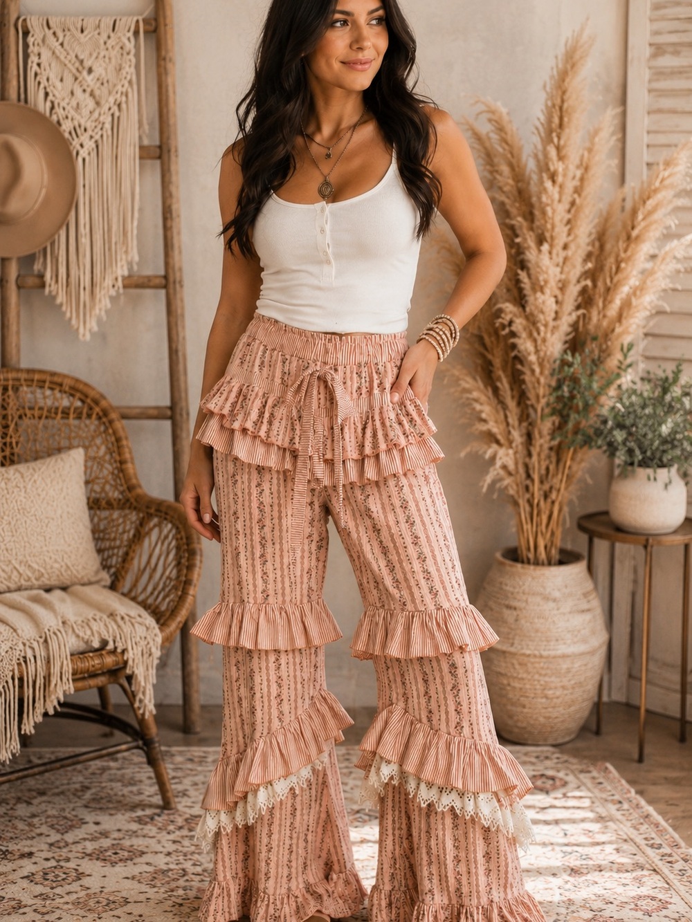 Boho Ruffle Wide-Leg Pants in Dusty Peach - Picture 1 of 8
